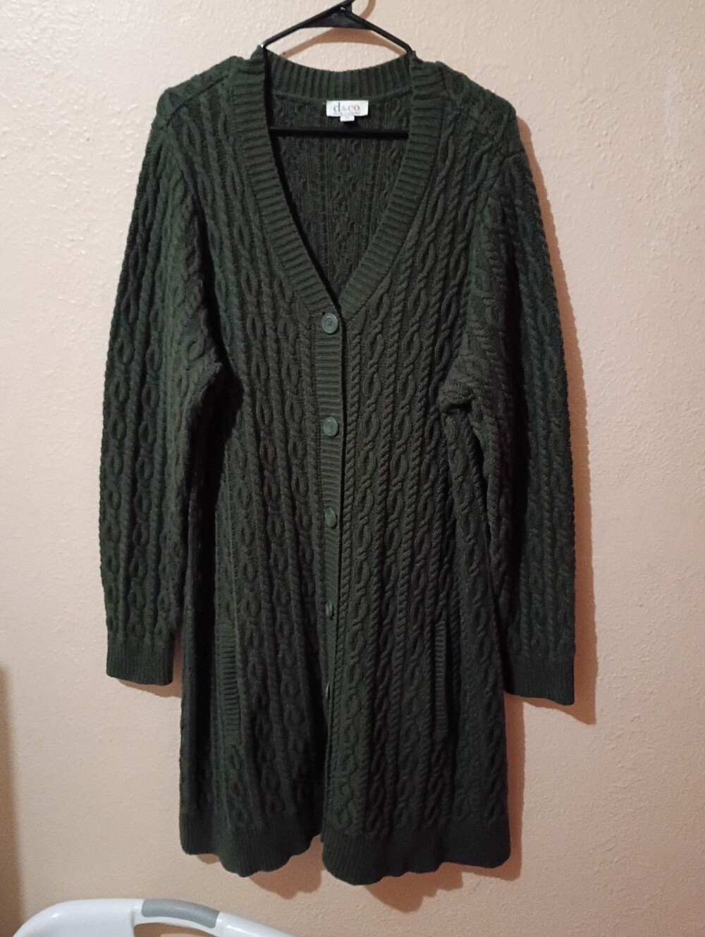 Denim & Co. Size 2x Dark Green Cable Knit Button-Front Long Cardigan